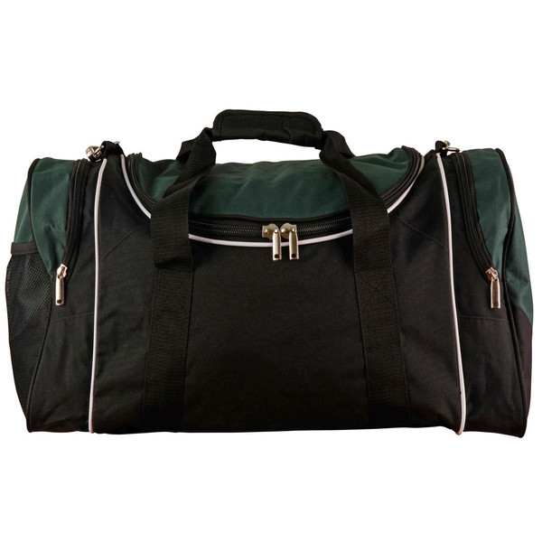 Forest green and black sports duffel bag with white piping trim and multiple zippered compartments