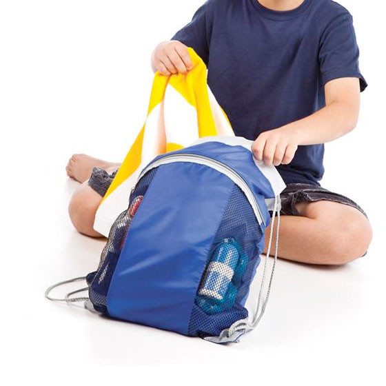 Royal blue backpack with bright yellow straps, grey contrast trim and mesh side pockets