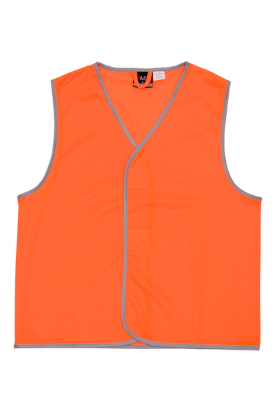 Fluorescent orange safety vest with grey binding trim and V-neck opening displayed flat on white background