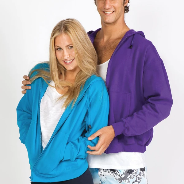 Turquoise and purple zip-up fleece hoodies with drawstring hoods and kangaroo pockets on models