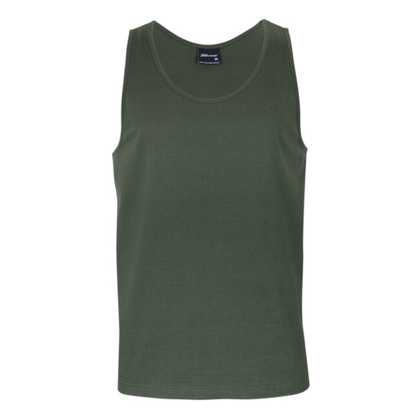 Army green cotton tank top with wide shoulder straps and scoop neckline on white background