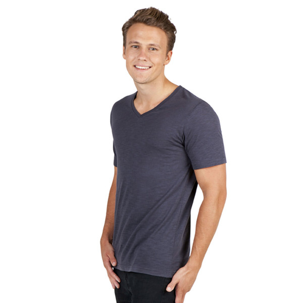 Man wearing slim-fit charcoal marle v-neck tee with raw-weave texture and short sleeves