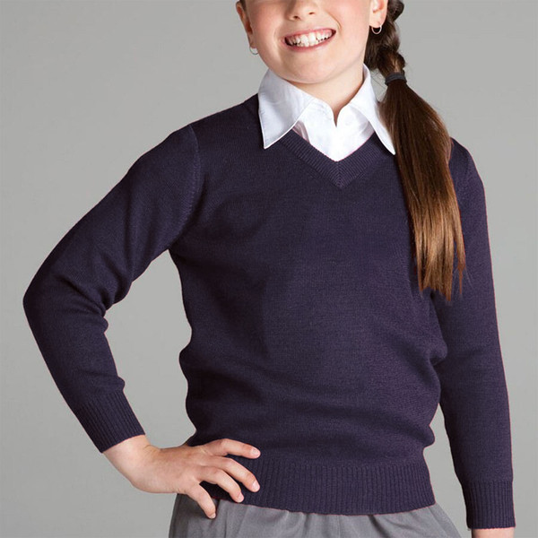 Navy v-neck wool jumper with white collar shirt layered underneath, ribbed cuffs and hem