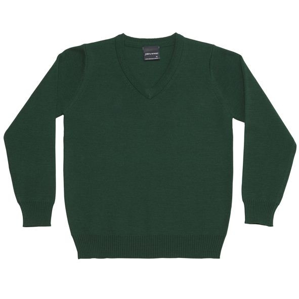 Bottle green v-neck knitted wool jumper with ribbed cuffs and hem for children