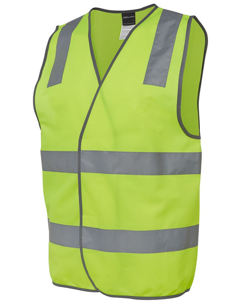 Fluoro yellow safety vest with horizontal and diagonal grey reflective tape panels, V-neck, sleeveless packshot