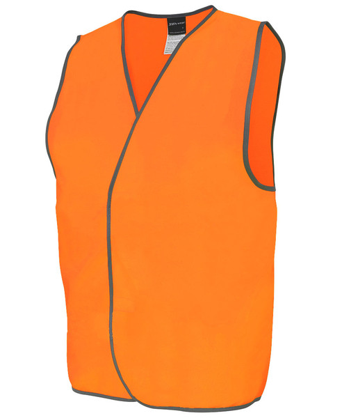 Hi-vis orange sleeveless safety vest with grey contrast piping trim and V-neckline, flat front panel