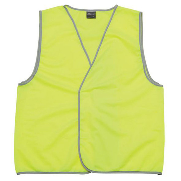Fluoro yellow safety vest with grey reflective piping trim and open V-neck front, flat lay packshot