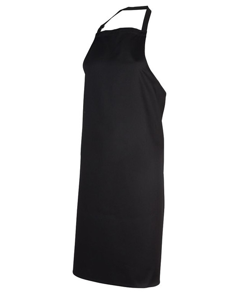 Black full bib apron with contrast natural neck strap and adjustable tie, no pockets