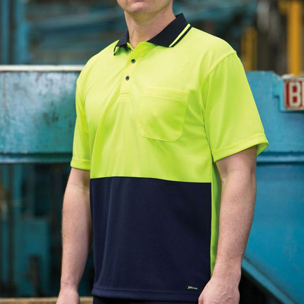 Hi-vis yellow and navy two-tone polo shirt with contrast black collar and chest pocket