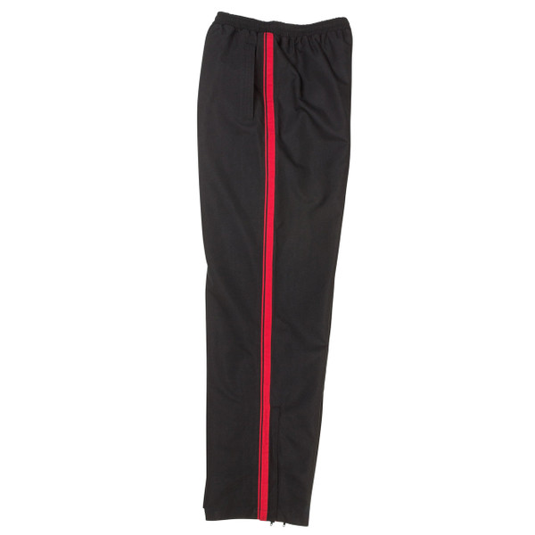 Black warm up pants with red contrast side stripe, elastic waist and ankle zip, flat lay