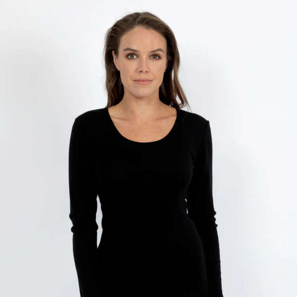 Black long sleeve thermal top with scoop neckline in merino wool blend