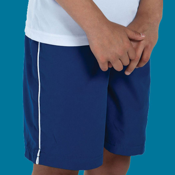 Navy sports shorts with white piping detail down the side seam