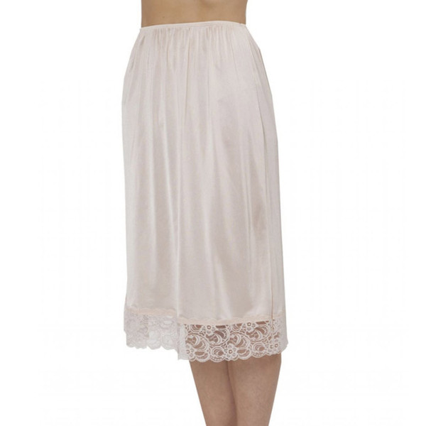 Ivory satin half slip with wide floral lace hem trim, knee-length, elastic waist, model wearing