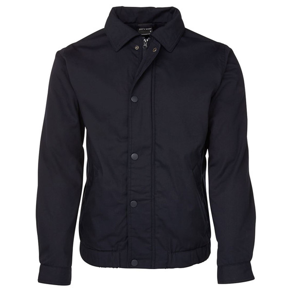 Navy canvas shell jacket with point collar, snap-button placket, side pockets and ribbed cuffs