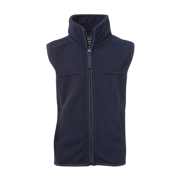 Navy blue children's polar fleece vest with full-length zip and stand-up collar, flat lay