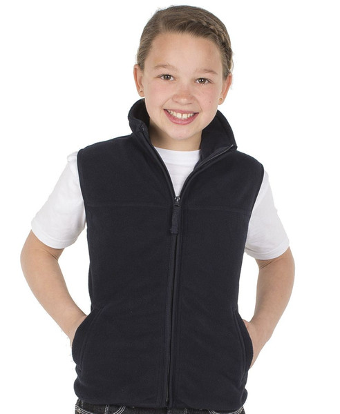 Black polar fleece vest with full front zipper and side pockets worn over white tee