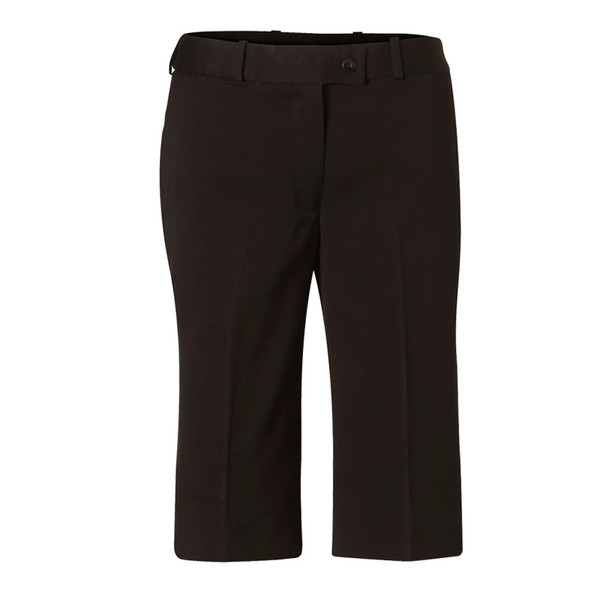 Black knee-length stretch shorts with flat front panel, belt loops and tailored styling