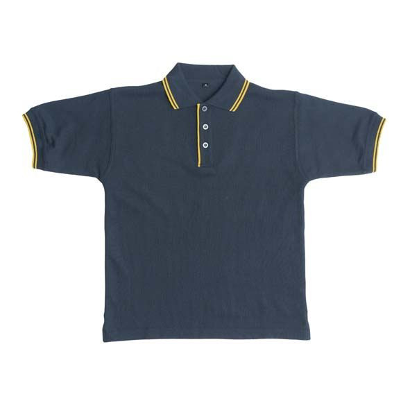 Navy blue kids polo with gold contrast tipping on collar and placket