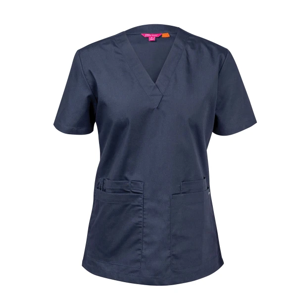 Slate grey ladies scrubs top with v-neckline, short sleeves and two front patch pockets