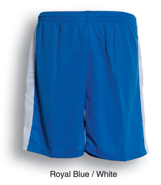 Royal/White Plain Midfield unisex soccer shorts with contrast panels, made from breathable polyester waffle fabric, ideal for team uniforms and active wear.