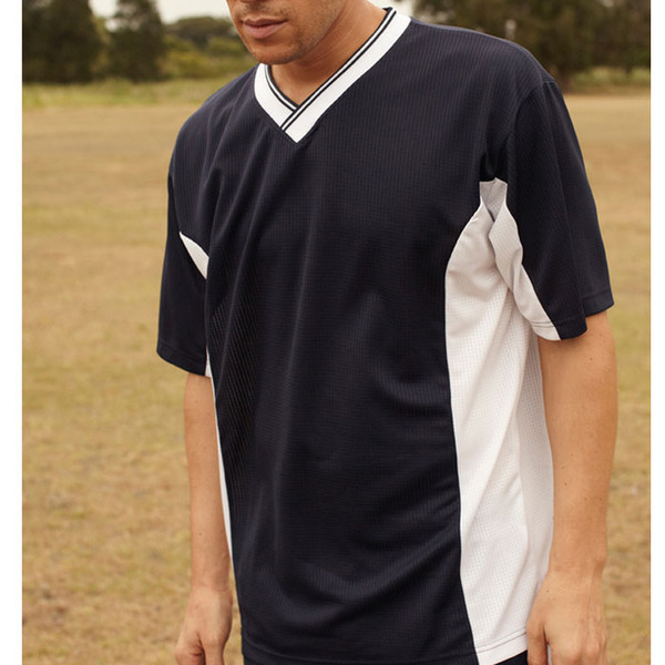Navy blue soccer jersey with white side panels and striped V-neck collar trim