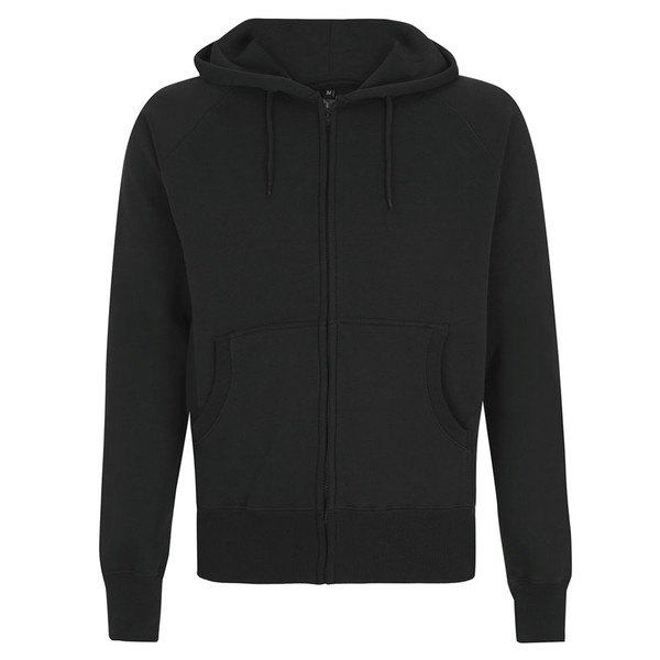 Black zip-up hoodie with drawstring hood, kangaroo pockets, and ribbed cuffs and hem