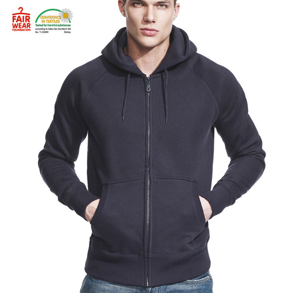 Navy zip-up hoodie with drawstring hood, front pockets, and ribbed cuffs modelled on male
