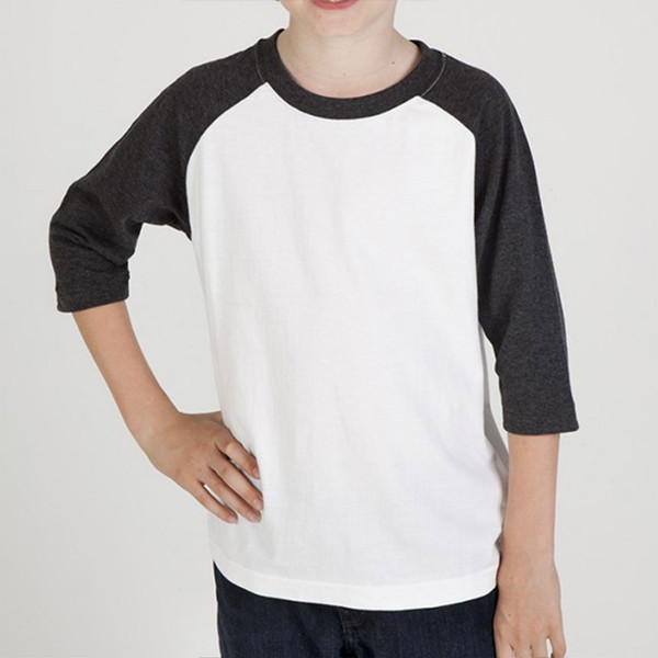 White body raglan tee with charcoal contrast sleeves and neckline, three-quarter length sleeves
