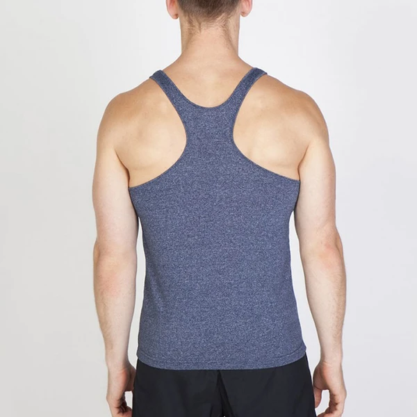 Navy heather racerback singlet shown from behind with narrow shoulder straps and fitted silhouette
