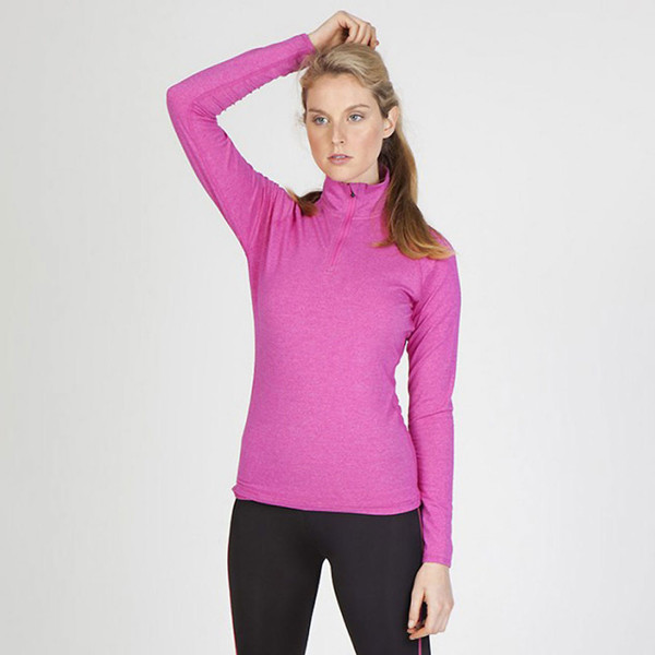 Orchid pink ladies half-zip high neck pullover with long sleeves and contrast black leggings