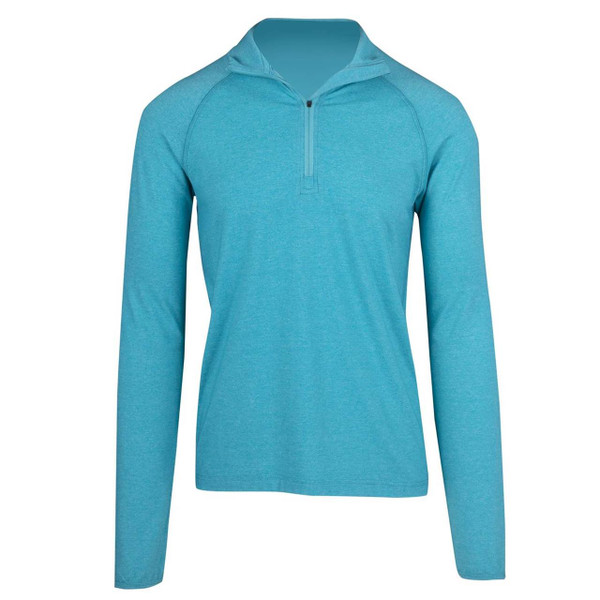 Aqua blue long sleeve half-zip top with high neck collar and raglan sleeves