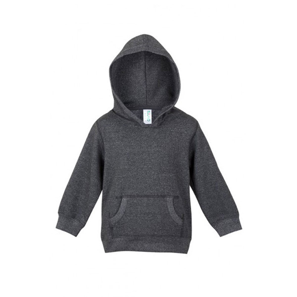 Charcoal marle kids pullover hoodie with kangaroo pocket and ribbed cuffs, flat lay