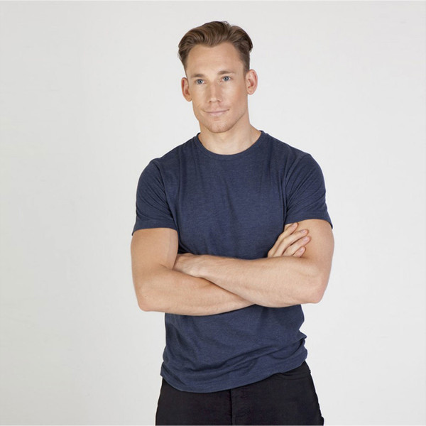 Navy marl crew neck t-shirt with heathered texture and short sleeves