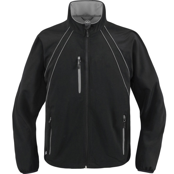 Black softshell jacket with grey contrast piping, chest pocket, full zip closure and grey inner collar detail
