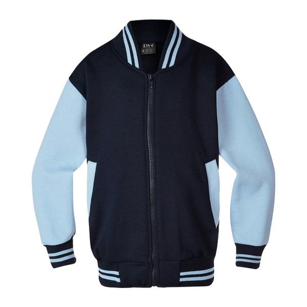 Navy varsity jacket with sky blue sleeves and striped rib collar and cuffs featuring full zip closure