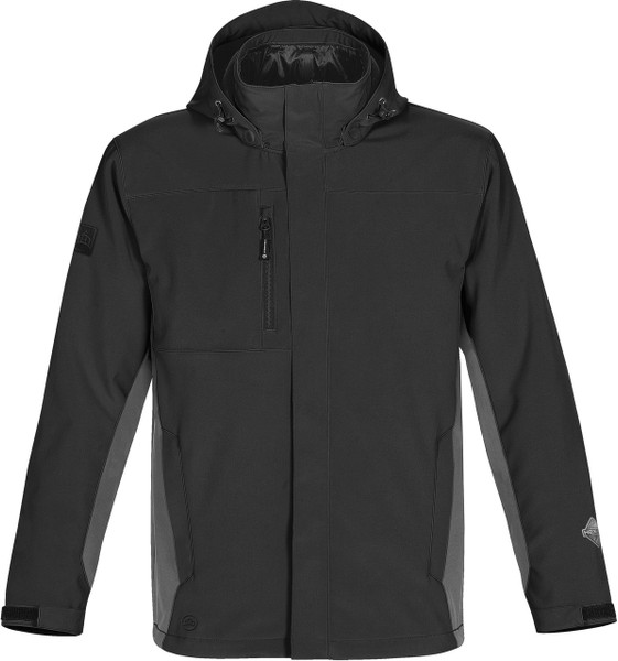 Black and graphite unisex hooded system jacket with contrast side panels, chest zip pocket and zip-through placket