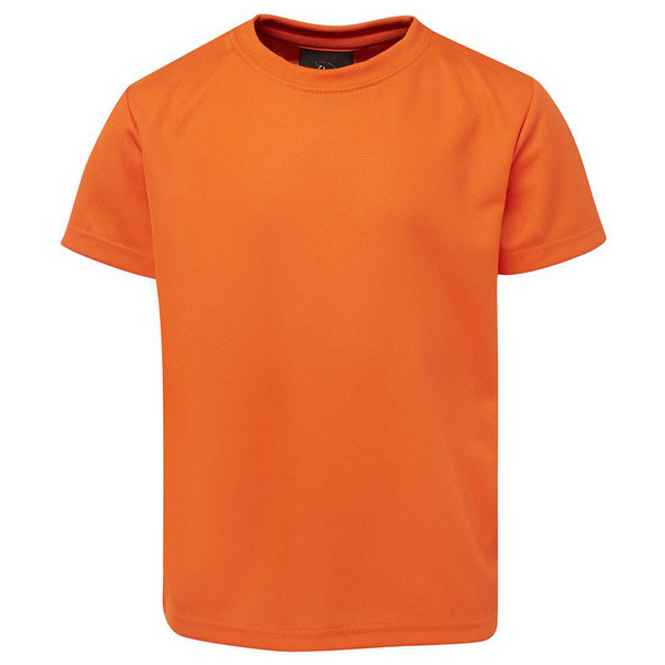 Bright orange kids' poly sports t-shirt with crew neck and contrasting burgundy inner collar trim
