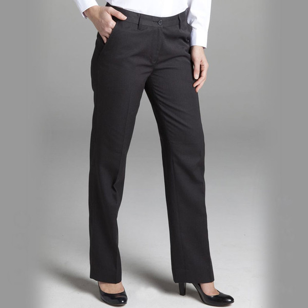 Charcoal grey women's corporate pants with front pockets and tailored straight leg fit