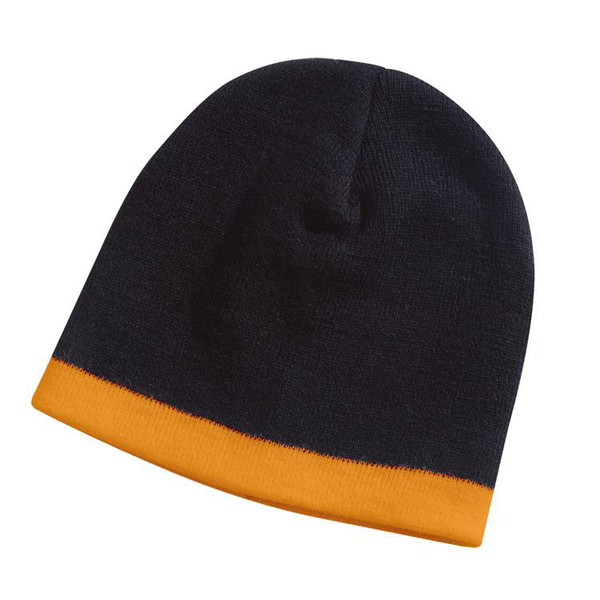 Navy knit beanie with amber contrast stripe along the cuff, flat packshot on white