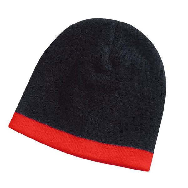 Black knit beanie with bright red contrast stripe along the cuff, smooth flat crown, packshot on white