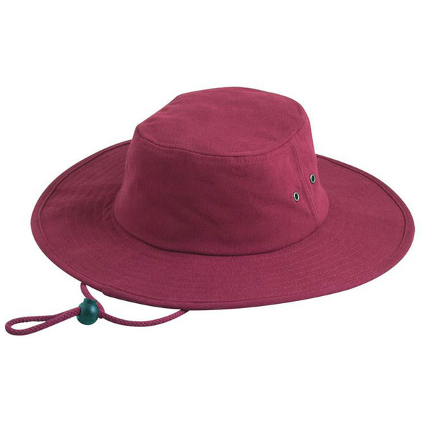 Maroon wide-brim surf hat with chin cord, metal eyelets and toggle fastener for kids