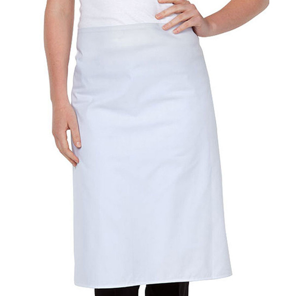 White long waist apron worn by model, smooth flat front panel, no pockets, knee-length coverage
