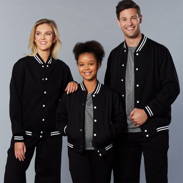 Black varsity jackets with white striped collar and cuffs, featuring snap button front closure
