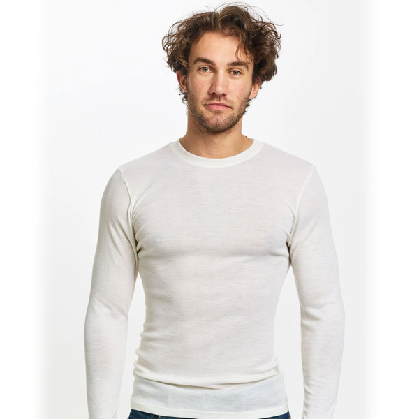 Natural cream pure merino wool thermal long sleeve top with fitted silhouette and crew neck