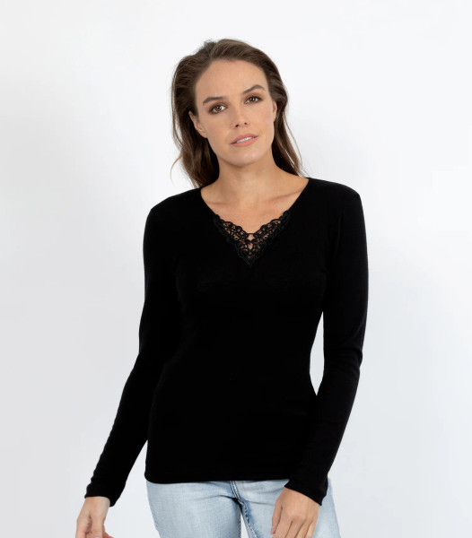 Black merino wool long sleeve top with lace-trimmed V-neck detail