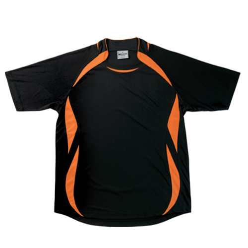 Black athletic jersey with orange contrast panels along shoulders and sides in moisture-wicking fabric