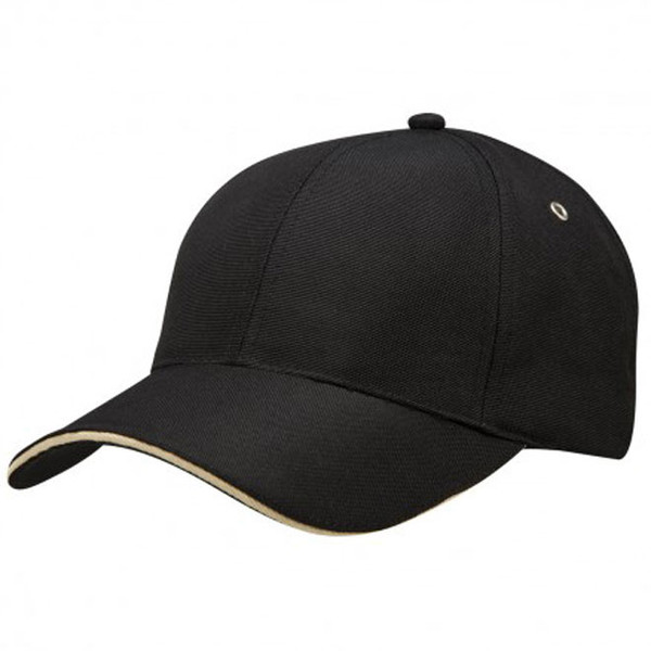 Black recycled PET cap with natural sandwich trim on curved peak and metal eyelets