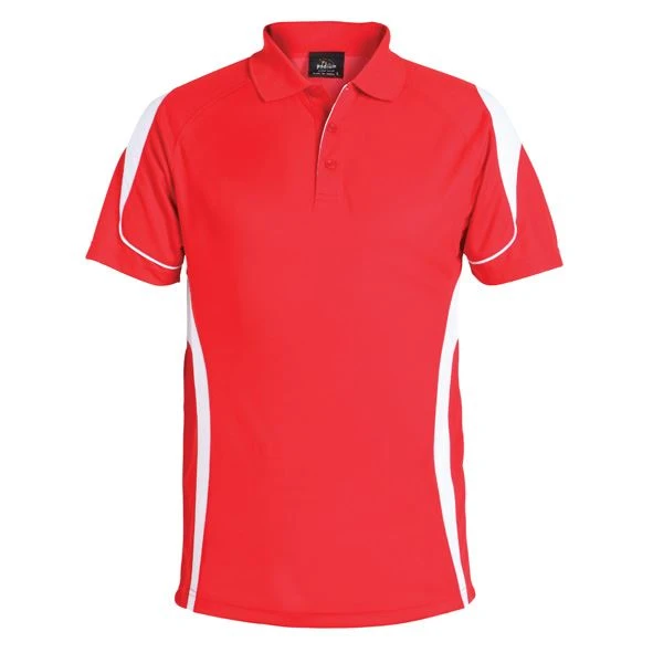 Bright red polo shirt with white contrast panels on sleeves and sides, featuring quick-dry fabric and collar