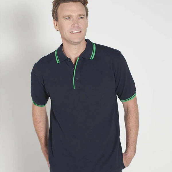 Navy pique polo shirt with kelly green contrast tipping on collar and sleeves