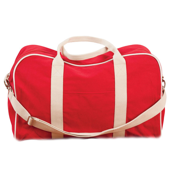 Red canvas sports duffle bag with natural contrast handles and adjustable shoulder strap